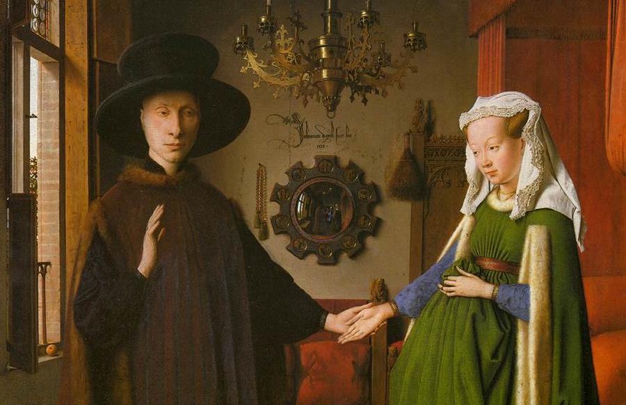 Portrait of Giovanni di Nicolao Arnolfini and his wife by Jan van Eyck (1434), one of the most famous Renaissance depictions of a mirror. The painting now hangs in the National Gallery, London.